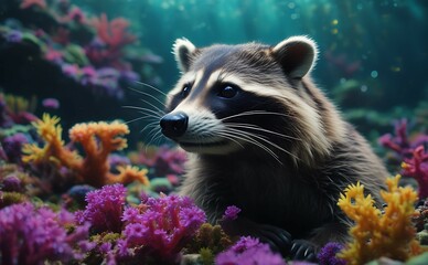 Wall Mural - Raccoon in the aquarium. Underwater world. 