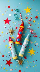 Wall Mural - Festive Fireworks Rockets and Party Streamers on Light Blue Background. Happy Independence Day, 4th of July Concept. Christmas Card Template, New Year Banner Mockup, Independence Day, Presidents' Day,