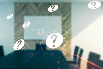 Aufkleber - Abstract virtual question mark illustration on a modern conference room background. FAQ and search concept. Multiexposure