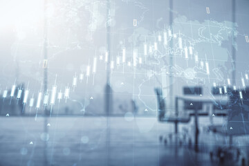 Poster - Multi exposure of virtual abstract financial chart hologram and world map on a modern meeting room background, research and analytics concept