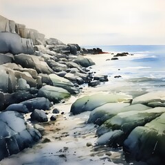 Wall Mural - Beautiful seascape with ice and rocks on the shore.