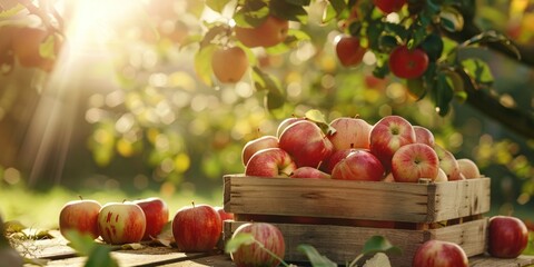 Wall Mural - A crate full of apples sits on a wooden table. Generate AI image