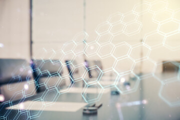 Aufkleber - Abstract virtual technology sketch with hexagon grid on a modern boardroom background, future technology and AI concept. Double exposure