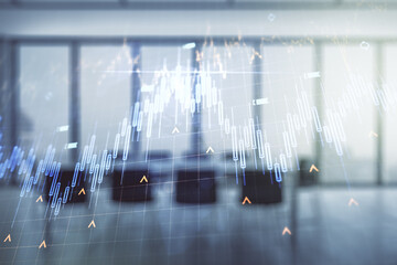 Poster - Double exposure of abstract creative financial diagram and world map on a modern boardroom background, banking and accounting concept
