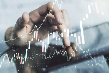 Poster - Double exposure of abstract creative financial diagram with finger clicks on a digital tablet on background, banking and accounting concept