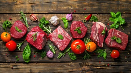 Wall Mural - An arrangement of different raw beef cuts with herbs and vegetables on a wooden surface.