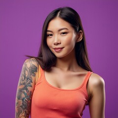 Wall Mural - Asian woman with arm tattoos isolated on purple background cool edgy vibe orange shirt