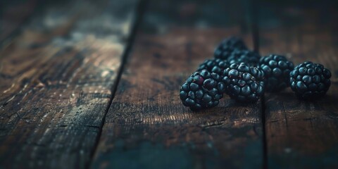 Sticker - A bunch of blackberries are on a wooden table. Generate AI image
