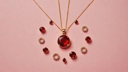 Wall Mural - Red Gemstone Jewelry on Pink Background.