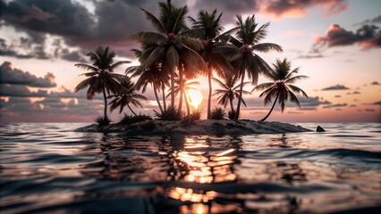Wall Mural - a sunset with palm trees in the water and the sun shining through the water.