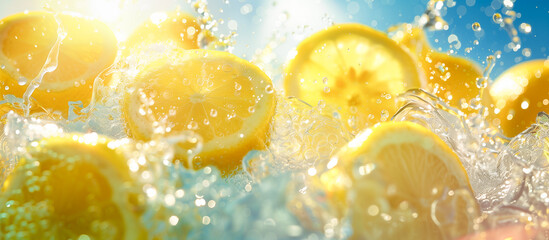 Wall Mural - Fresh lemonade made with yellow lemons in bubbly soda water against a sunny summer