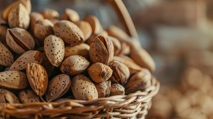 Wall Mural - Close up of fresh organic almonds in shells with wicker basket selective focus for ad space