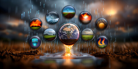 Wall Mural - Global Warming Concept with digital icons like water, farm, land, weather, sun, rain, fire, dryness 