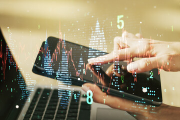 Poster - Abstract creative financial graph with finger clicks on a digital tablet on background, financial and trading concept. Multiexposure