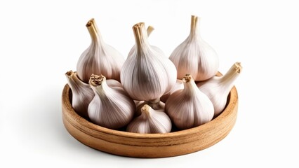 Poster -  Fresh garlic bulbs in a wooden bowl