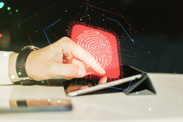 Aufkleber - Double exposure of abstract creative fingerprint hologram with finger clicks on a digital tablet on background, protection of personal information concept