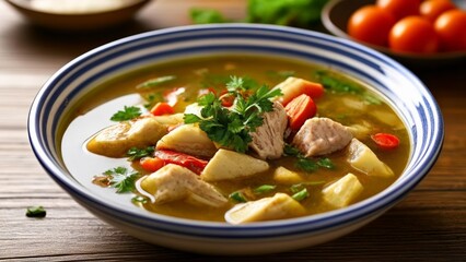 Wall Mural -  Delicious bowl of soup with fresh herbs and vegetables