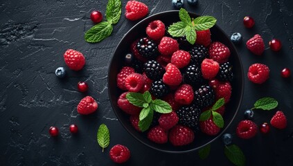 Sticker - A bowl of blackberries and raspberries on a wooden table. Generate AI image