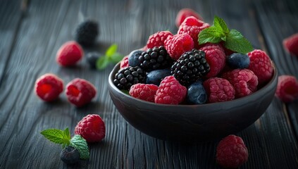 Poster - A bowl of blackberries and raspberries on a wooden table. Generate AI image