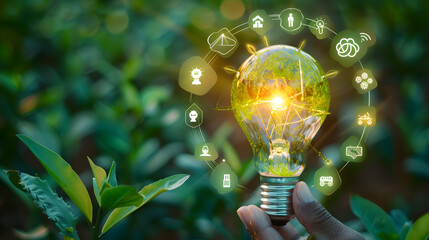 Wall Mural - Green energy innovation light bulb with future industry of power generation icon graphic interface. Concept of sustainability development by alternative sources renewable. Ecology and environment.