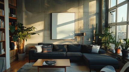 Wall Mural - Sunlit living room with modern decor, featuring a black sofa, plants, and large windows.
