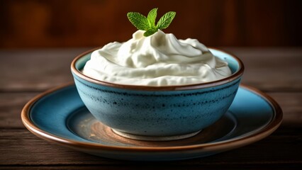 Canvas Print -  Delicious whipped cream dessert with a touch of mint