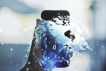 Poster - Multi exposure of abstract software development hologram with world map and hand with cell phone on background, global research and analytics concept