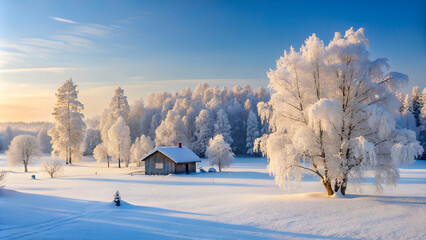Wall Mural - white wood covered with frost frosty landscape