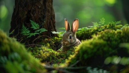 Wall Mural - A rabbit is sitting in a patch of moss. Generate AI image