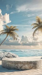 Canvas Print - Beach scene with two palm trees and small stone platform