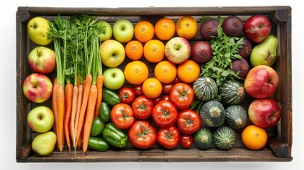 Wall Mural - Overhead view of a rustic wooden crate filled with a colorful assortment of fresh fruits and vegetables like apples, oranges, carrots, and tomatoes, arranged neatly against a clean white background.