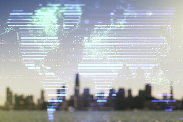 Poster - Abstract creative world map interface on blurry skyline background, international trading concept. Multiexposure