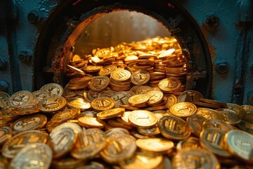 A pile of gold coins spilling out of an open vault, representing safe investments and secure wealth storage. The gleaming coins reflect prosperity and financial growth, making this image suitable for