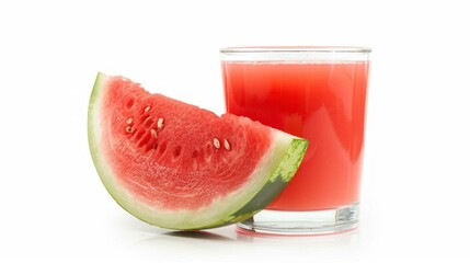 Wall Mural - Side view of a glass of watermelon juice next to a wedge of watermelon on a white backdrop, emphasizing the fruit's hydrating properties and delicious taste.