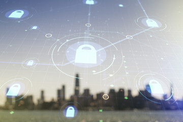 Aufkleber - Virtual creative lock illustration with microcircuit on blurry skyscrapers background, cyber security concept. Multiexposure
