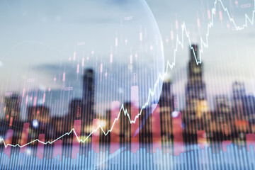 Poster - Abstract creative financial graph interface and world map on blurry skyline background, forex and investment concept. Multiexposure