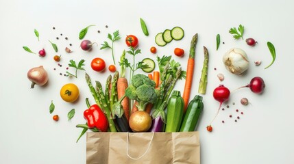 Wall Mural - Artistic composition of a paper bag containing whole and sliced vegetables such as zucchini, eggplants, and asparagus, arranged in an appealing pattern on a simple white background. 