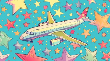 Canvas Print - An adorable cartoon airplane flies amidst a vibrant backdrop of colorful stars in a beautifully seamless 2d pattern illustration