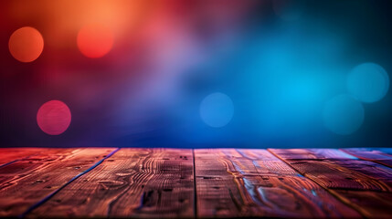 Wall Mural - A wooden table with a blue and red background. The background is blurry and colorful