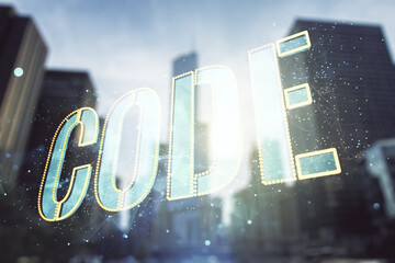 Aufkleber - Code word hologram on modern architecture background, international software development concept. Multiexposure