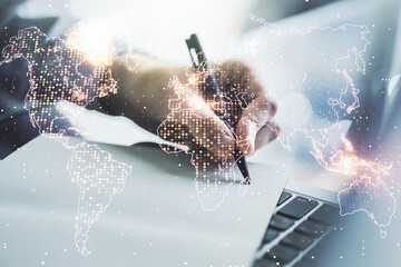 Poster - Multi exposure of abstract graphic world map and hand writing in notepad on background with laptop, connection and communication concept