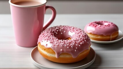 Canvas Print -  Sweet indulgence  A pink donut and coffee moment