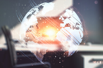 Aufkleber - Abstract creative world map and modern desktop with computer on background, international trading concept. Multiexposure
