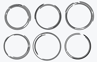 Hand drawn circle line sketch set. Vector circular scribble doodle round circles for message note mark design element. Pencil or pen graffiti bubble or ball draft illustration