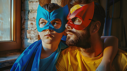 Wall Mural - Father and son dressed up a wearing superhero masks. Father's dad image