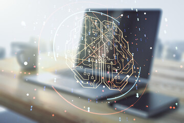 Poster - Double exposure of creative human brain microcircuit and modern desk with computer on background. Future technology and AI concept