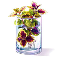 Wall Mural - Clipart illustration of coleus growing in water in a clear glass pot, on a white background, suitable for home decoration.[A-0004]