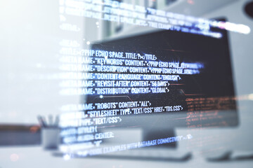 Aufkleber - Multi exposure of abstract graphic coding sketch and modern desktop with pc on background, big data and networking concept
