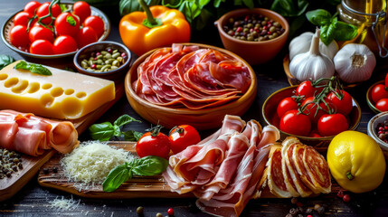 Wall Mural - Delicious italian appetizers featuring cured meats, cheese, vegetables and spices