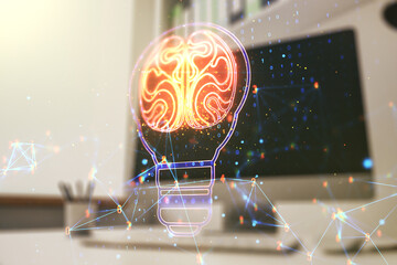 Poster - Creative light bulb with human brain hologram and modern desk with computer on background, artificial Intelligence and neural networks concept. Multiexposure